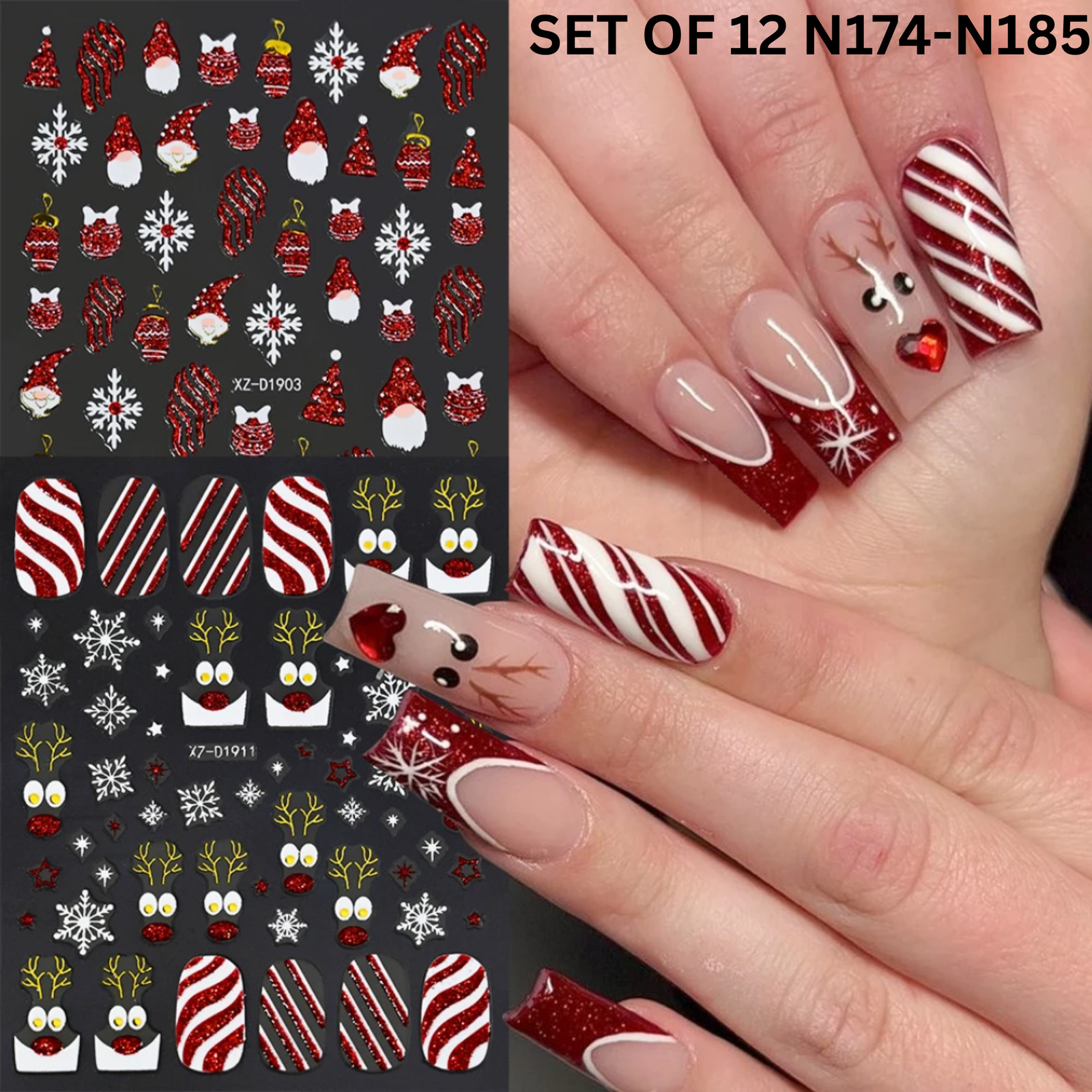 Set of 12 Christmas 3D Nail Decals – Holiday Reindeer, Candy Cane, Santa & Snowf