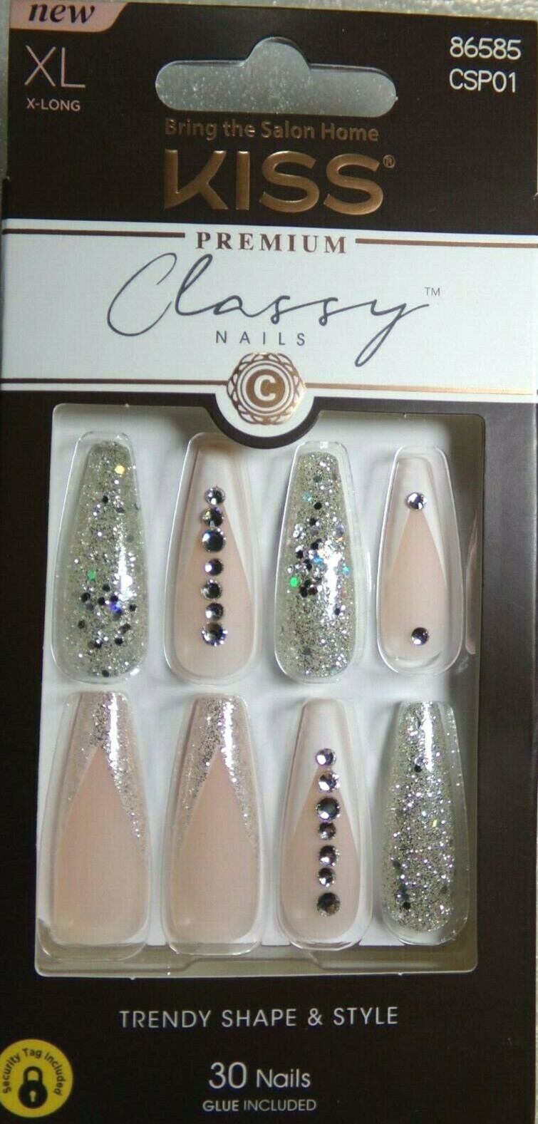 KISS Classy NAILS GLUE ON Shiny Bling French EXTRA LONG LENGTH