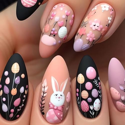 Pink Easter Press on Nails Almond Fake Nails Matte Spring False Nails style16