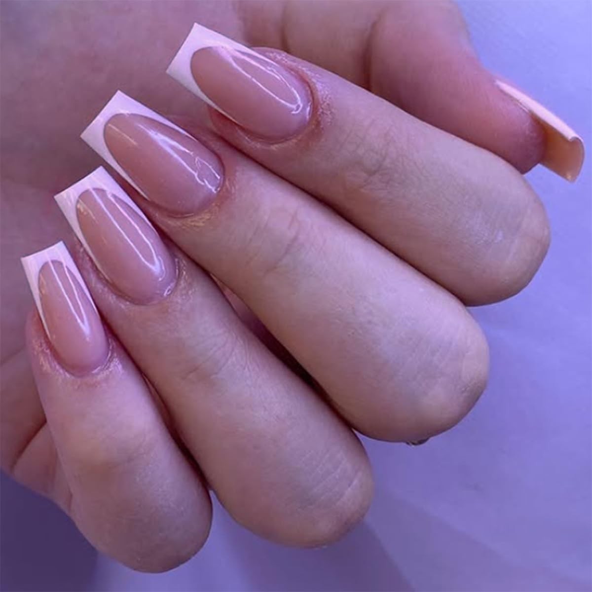 White French Tips Press on Nails Short Square Pink False Nails Summer Glossy …