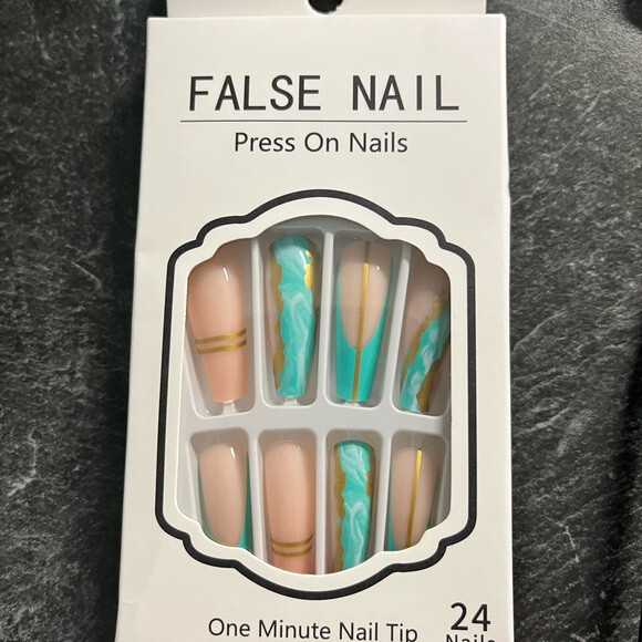 24Pcs Set Long Coffin Ballet Turquoise Green Marble Press On Nails Gold metallic