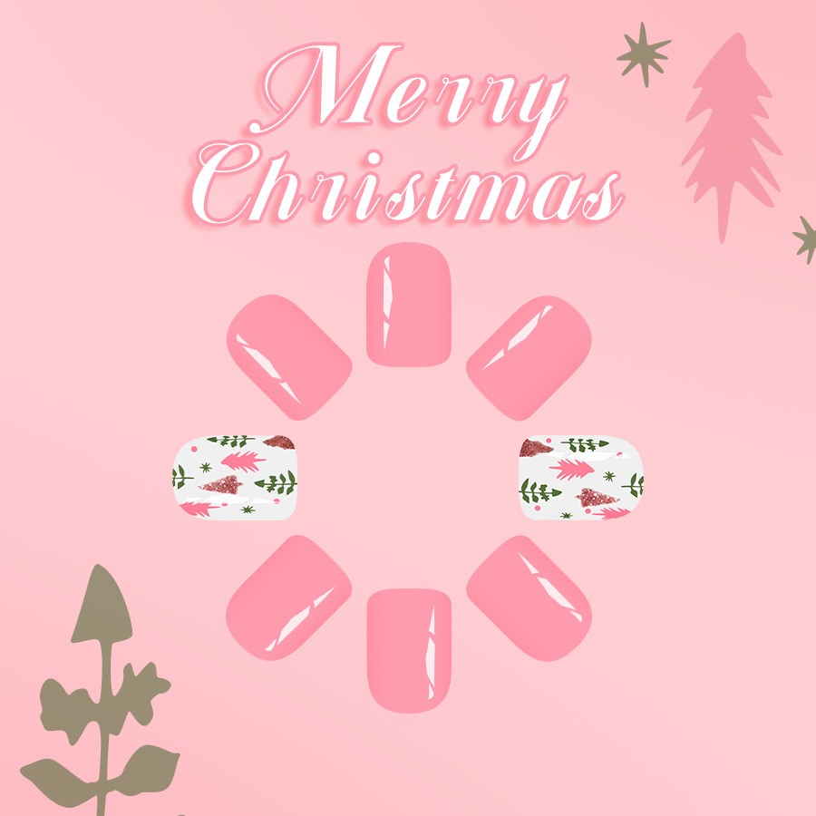 48pcs Christmas Pink Press On Nails Glitter Festive Holiday Wearable Nail Art