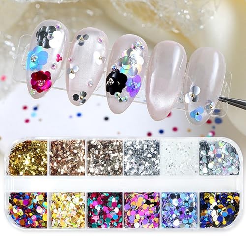 12 Grids Polka Dot Round Sequins Mixed with Colorful Nail Art colorful -9