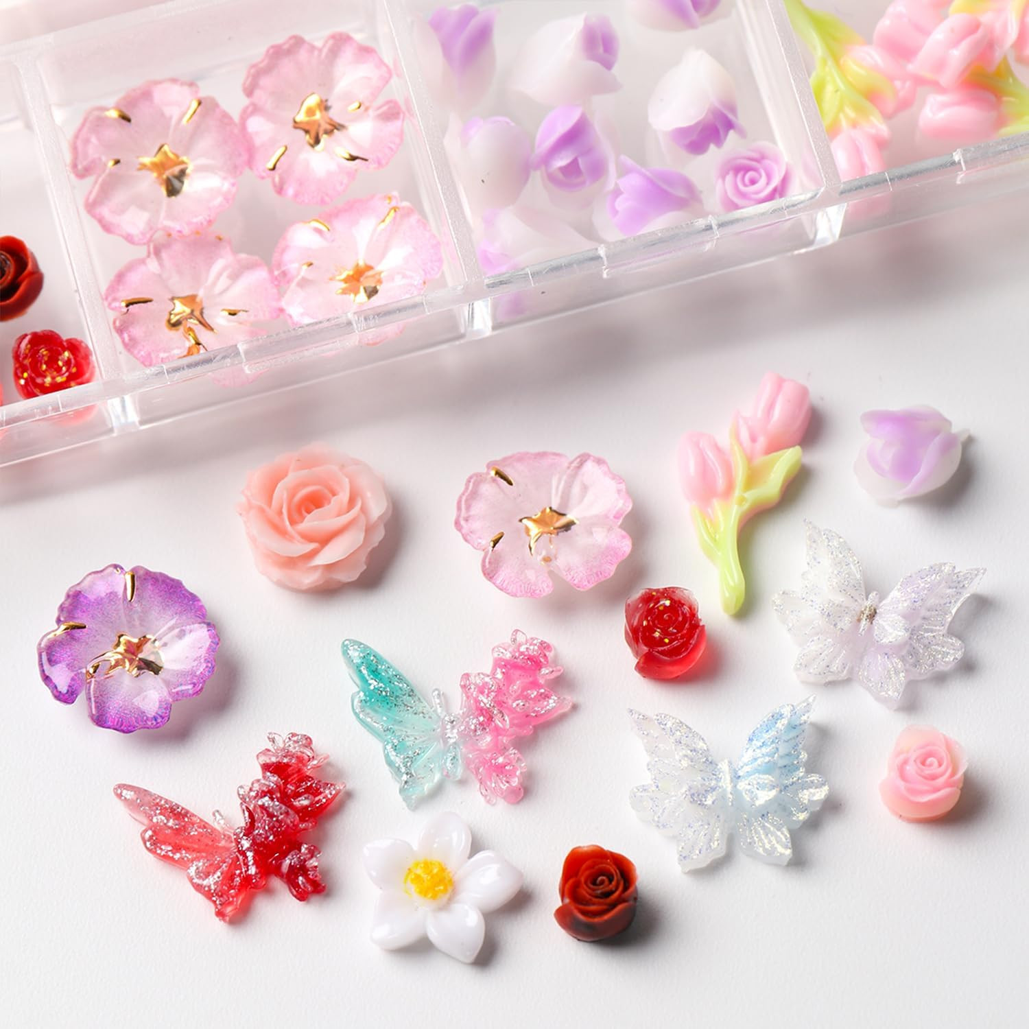 12 Grids Flowers Nail Charms Rose Tulip Floral Butterfly Designs | 3D Resin Mult