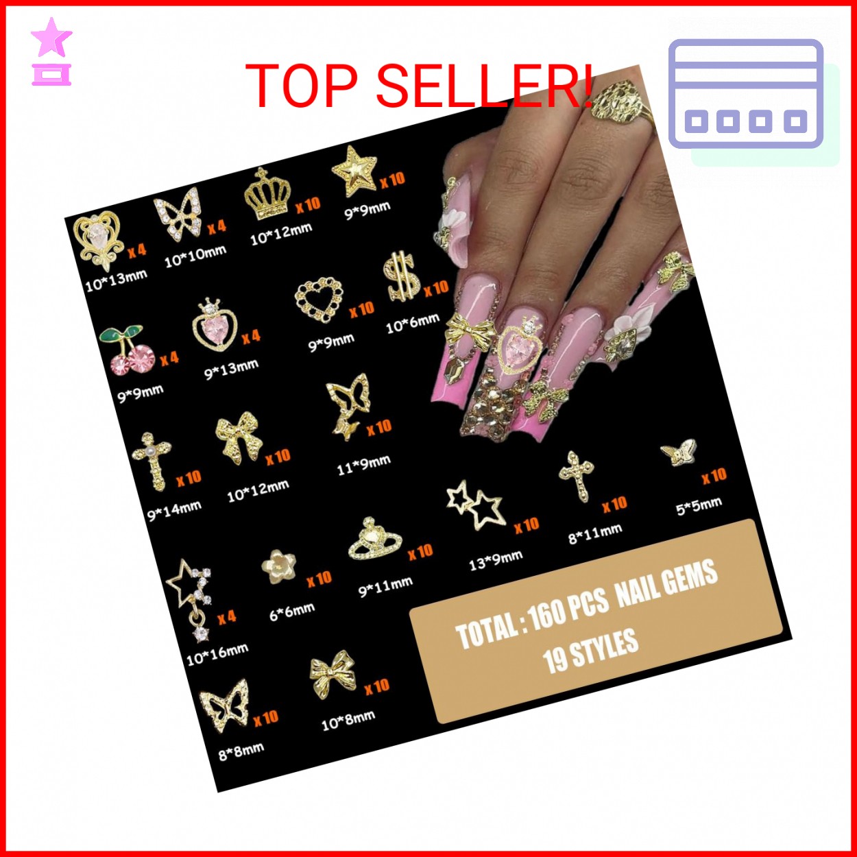 KACHIMOO 160pcs Gold Nail Charms 3D Butterfly Cherry Heart Cross Bow Star Dollar