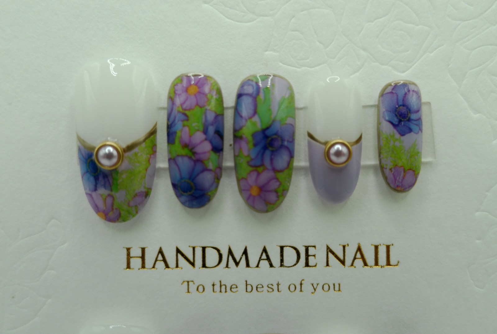 Medium-Long Round Floral Press-On Nails, Medium Sizes Purple/Pink