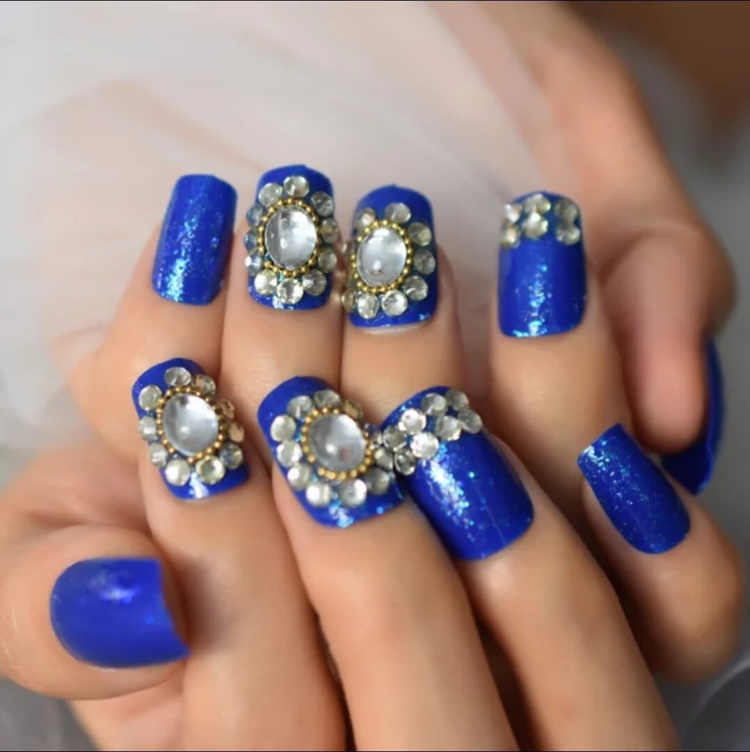 24 Blue Bling Press on nails kit Gems rhinestones square shimmer glue on