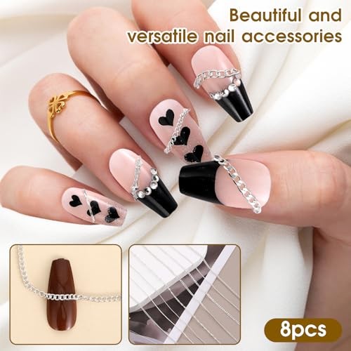 8 Strips Metal Chain Nail Art Charms – Silver Jewelry Chains 3D Decorations