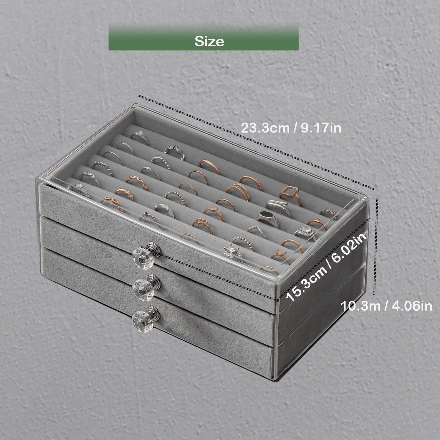 Ring Organizer Storage Box with 3 Drawers, Clear Acrylic 3-Layer Velvet Jewel…