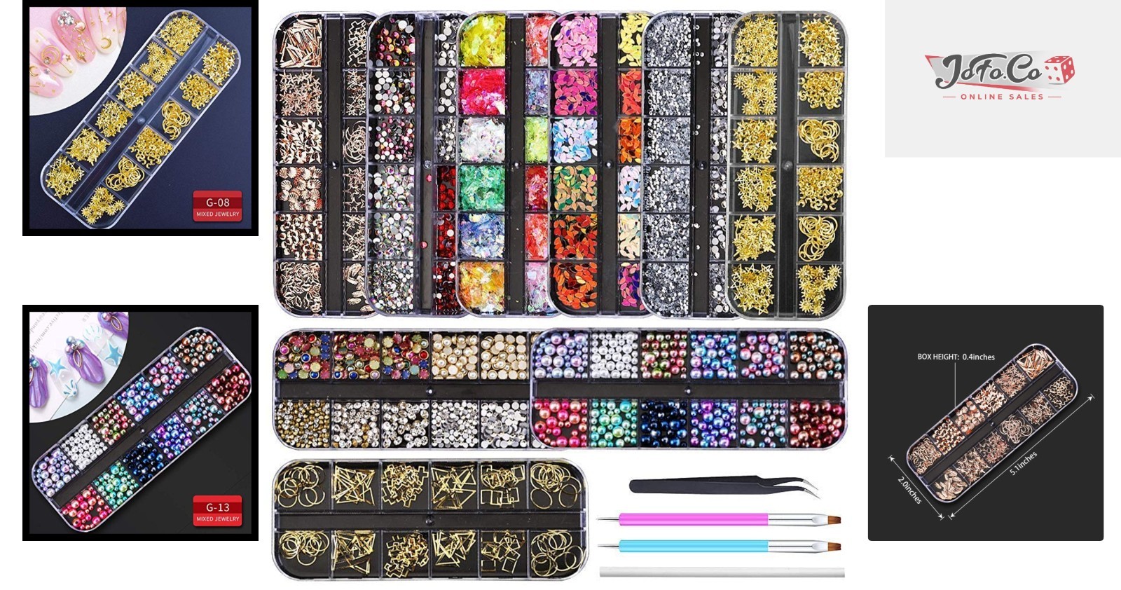 9 Box Nail Art Rhinestone Kit with Tweezers & Art Pens for Glam Nails