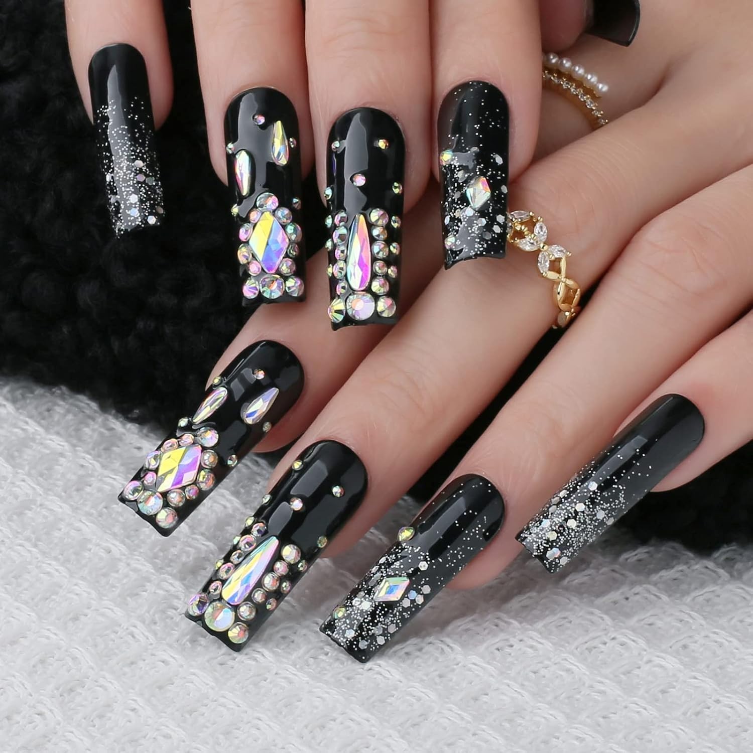 Comfortable Long Square Black Glitter Nails – Effortless Glam for Every Occasion