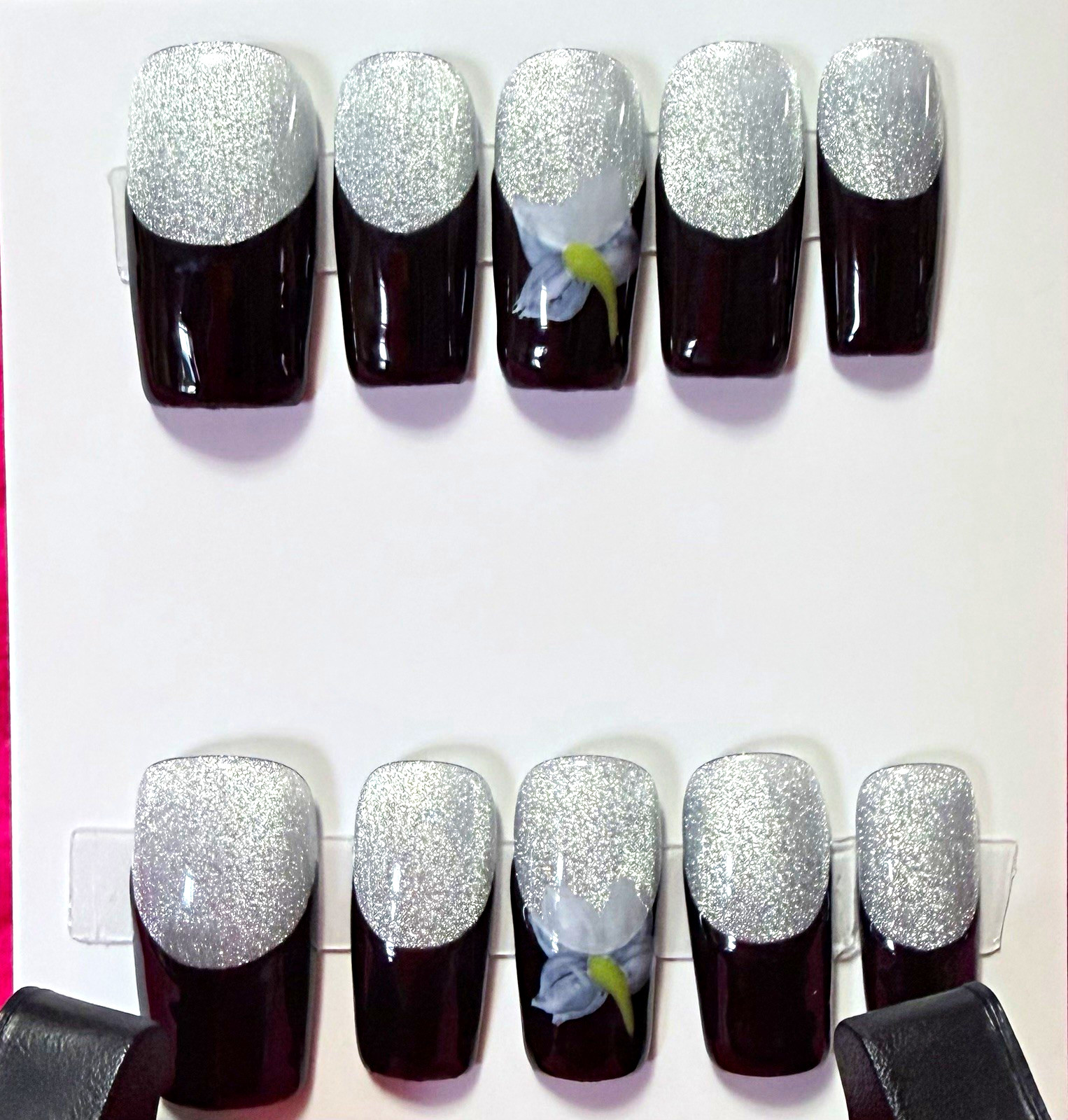 Black/Silver Glitter Square Press-On Nails, Medium, Full Cover, size medium