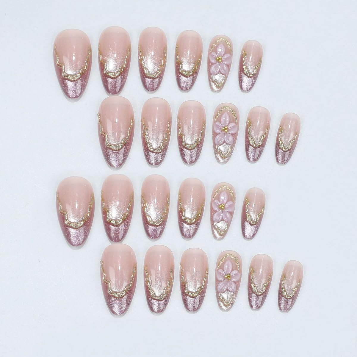 Purple Cat Eye French Tip Press on Nails Almond 3D Gold & Flowers | Medium Gloss