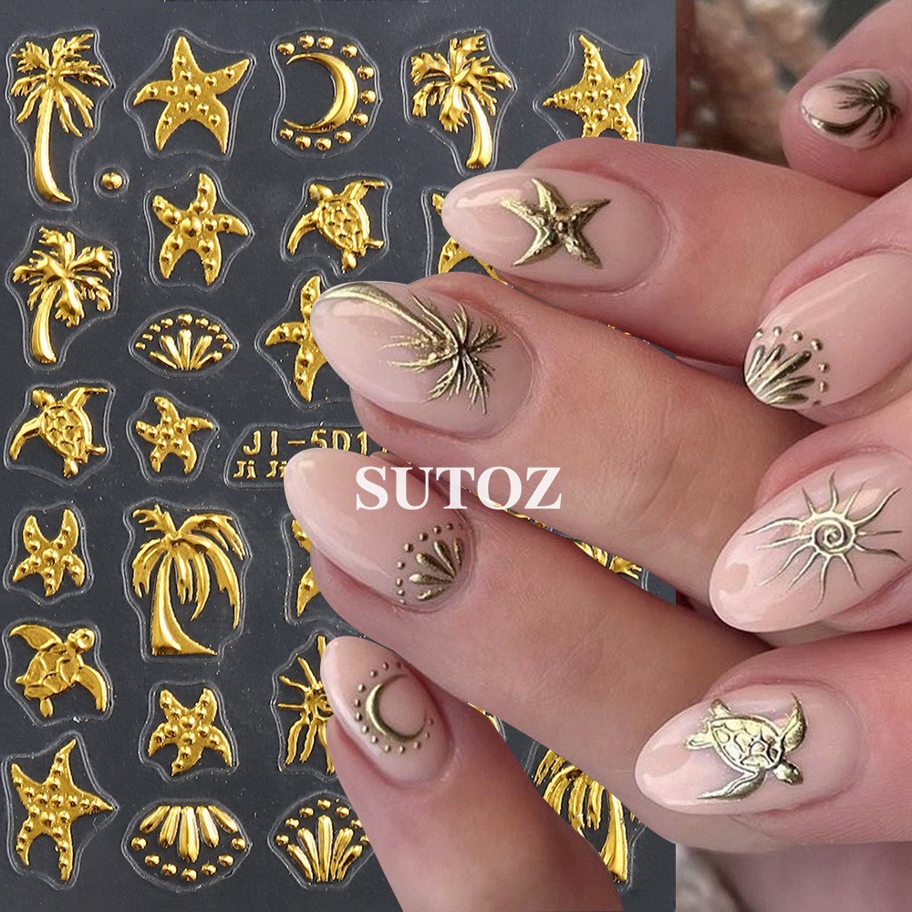 Gold Ocean Starfish Turtle Sun Palm Tree 5D Nail Stickers Embossed Decal J15D172