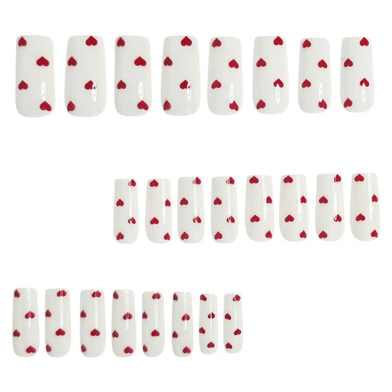 48 Cute Red Heart White Nails – Medium Square Length Removable Fake Nail Art
