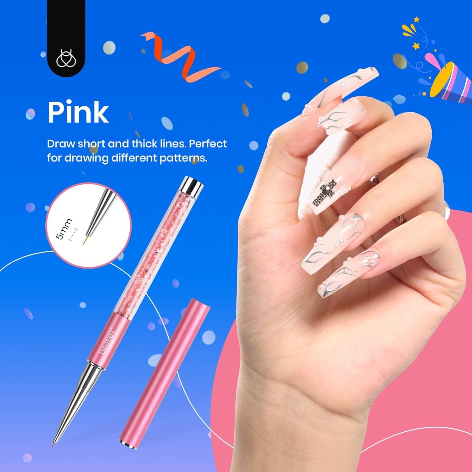 Nail Art Liner Brushes Set 5Pcs for Drawing and Design with Rhinestone Handle