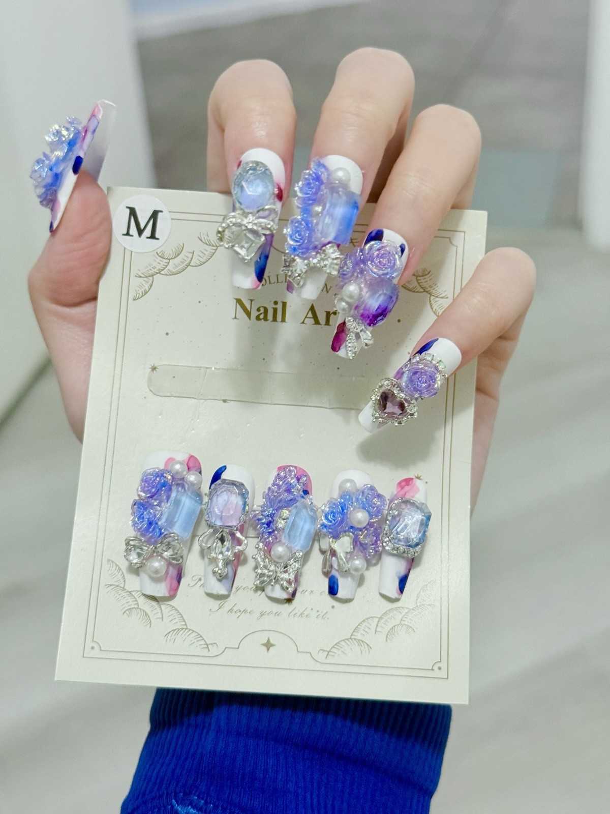 10pcs Handmade Rose Fake Nail Press On/Glue On Nails Size M(Read Description)