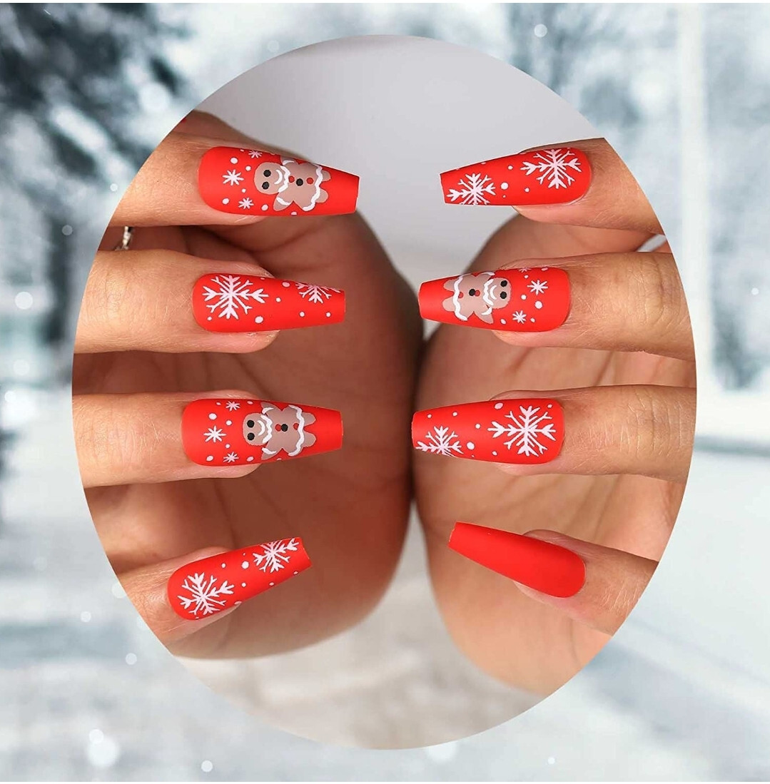 24 Matte Red Christmas Press on nails kit glue on snow flake gingerbread festive
