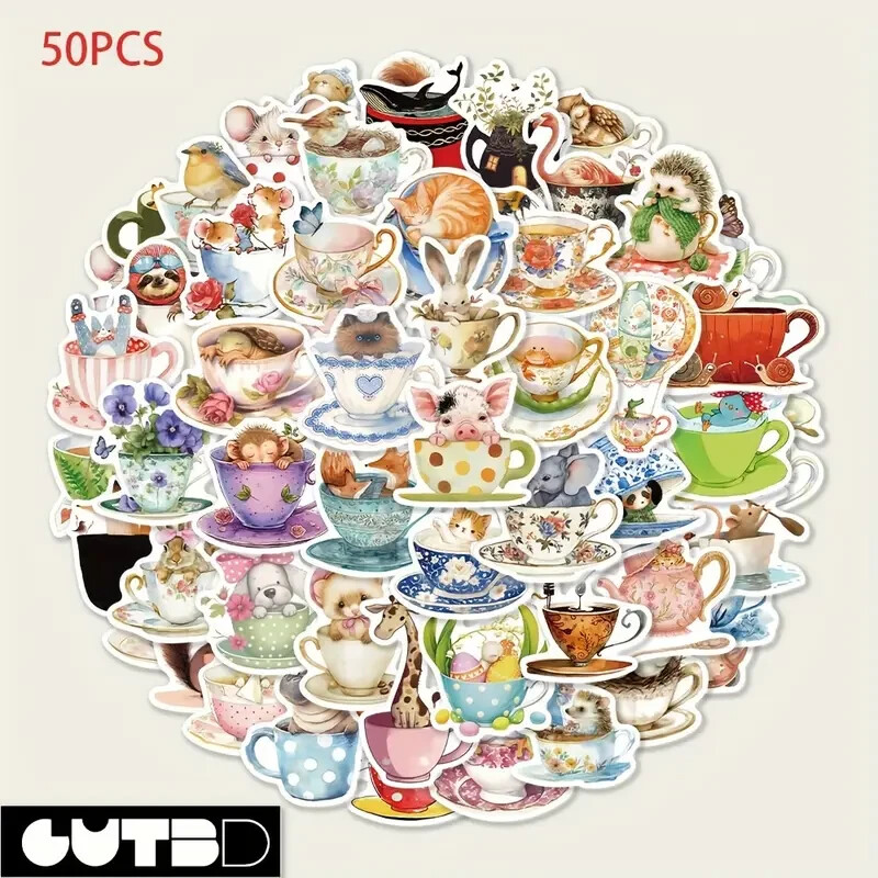 Whimsical Tea Cup & Animal Cartoon Watercolor Stickers – Matte PVC