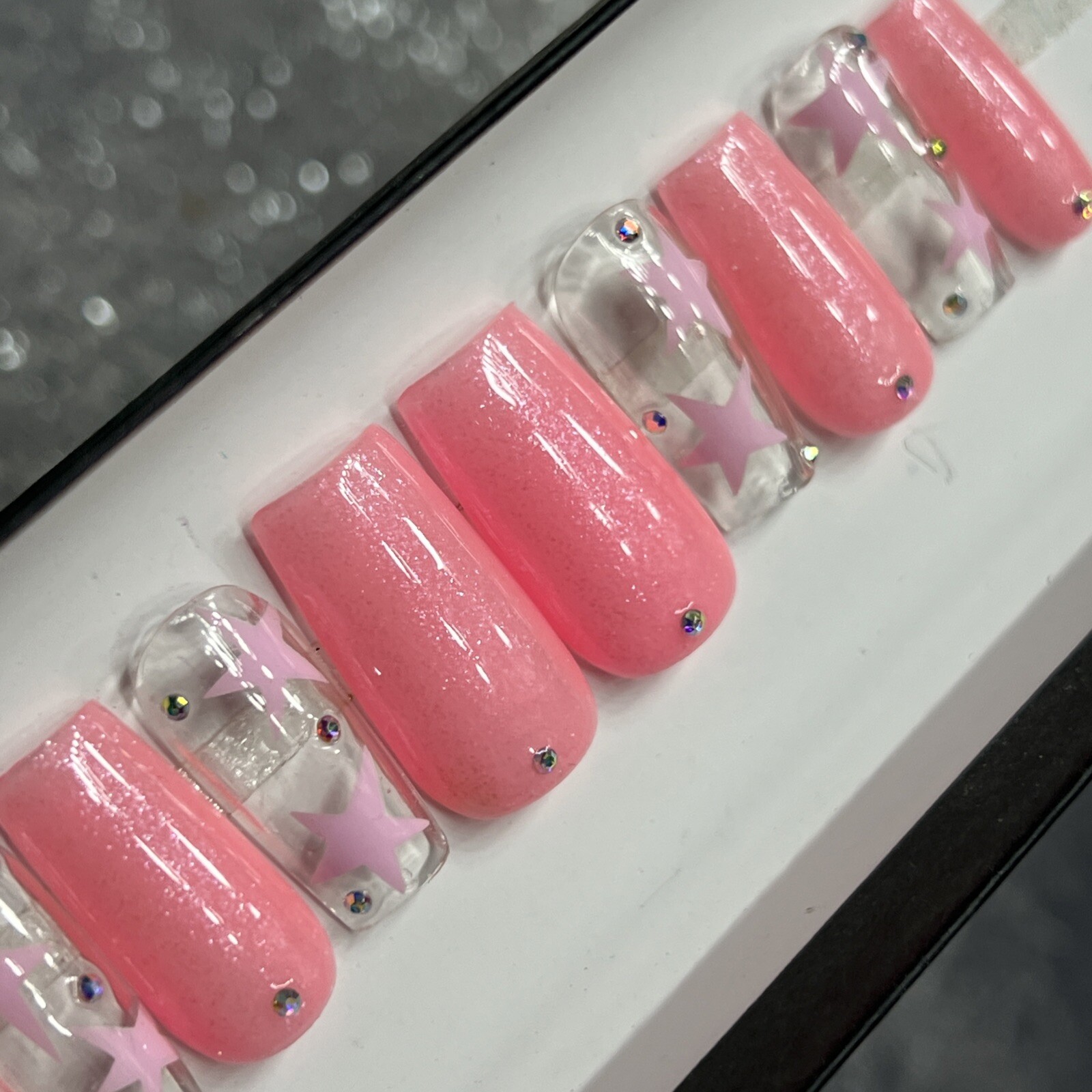 🔥 CUSTOM Gel Press On Nails, LIGHT PINK WHITE W BLING 10p FULL SET W Kit