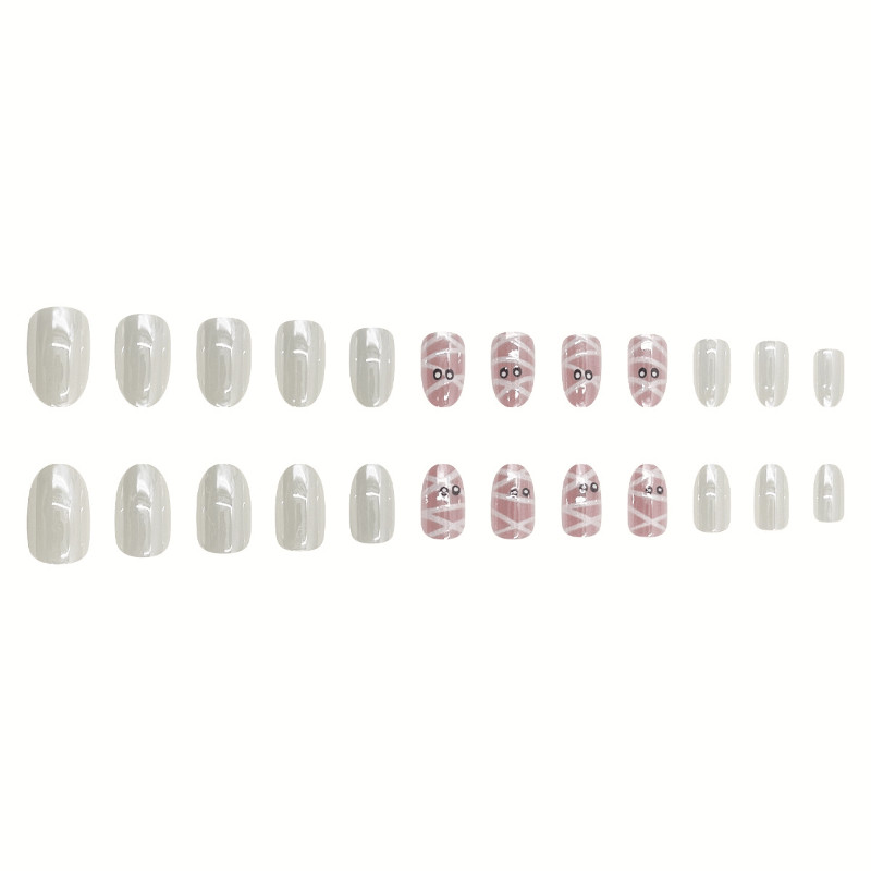 48Pcs-Short Oval Milky White Mummy Ghost Simple Halloween Press on Nails