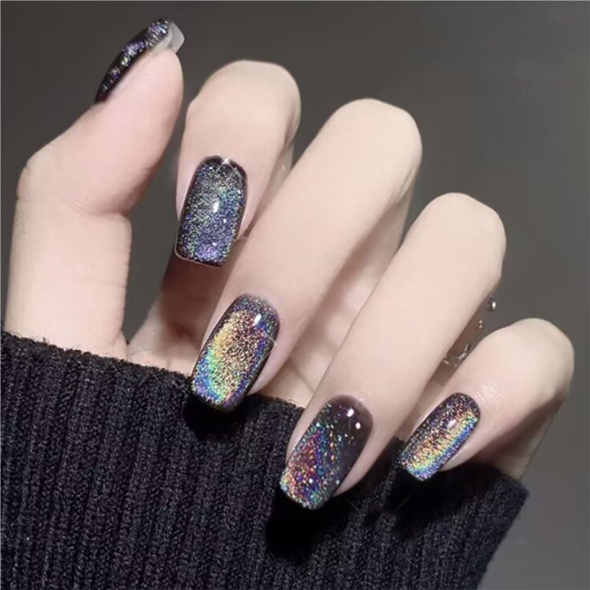 evpct Black Chrome Metallic Cat Eye Press On Nails, Reusable Stick On Nails for