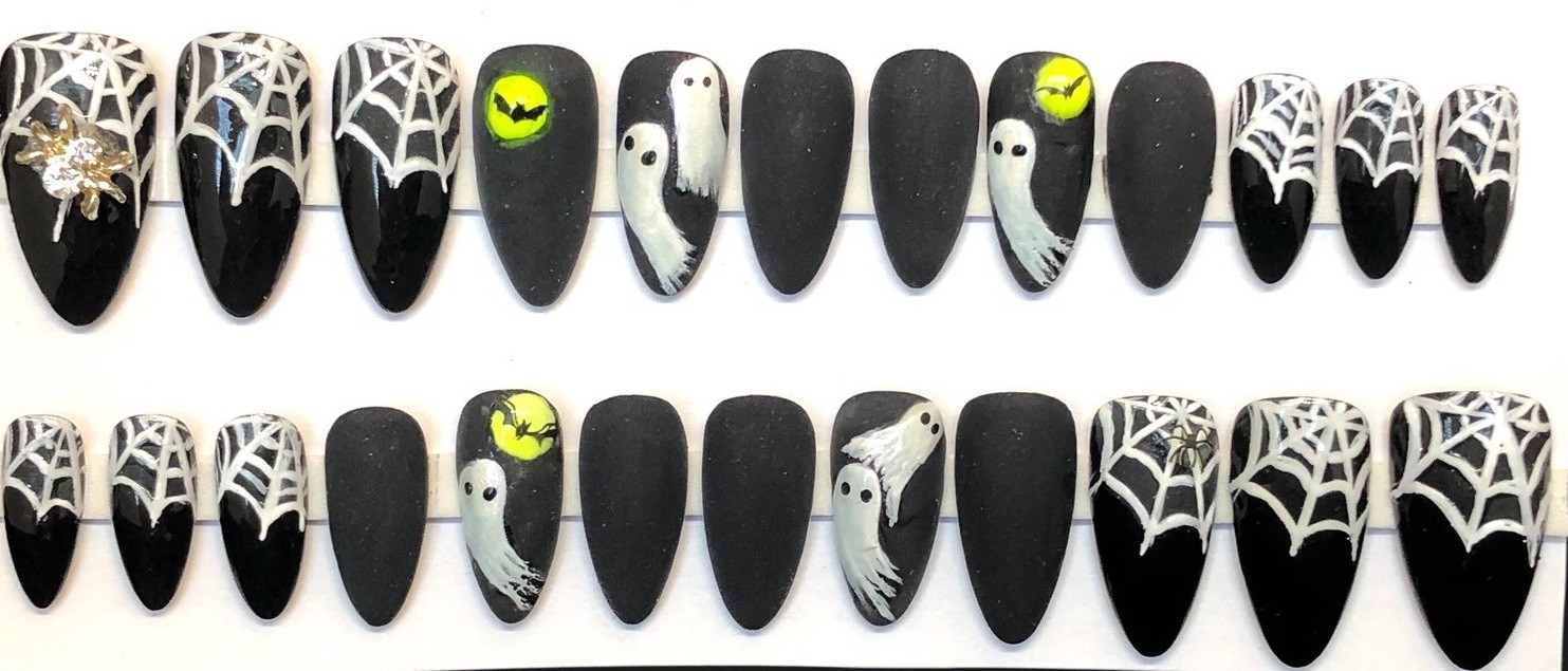 Handmade Custom Press On Nails Med Almond Ghosts Spiders Black Halloween Nails