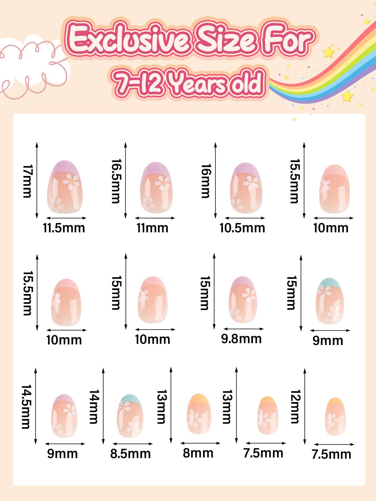 Press on Nails for Girls 5-12 Years, Pink Flower, 26 Pcs