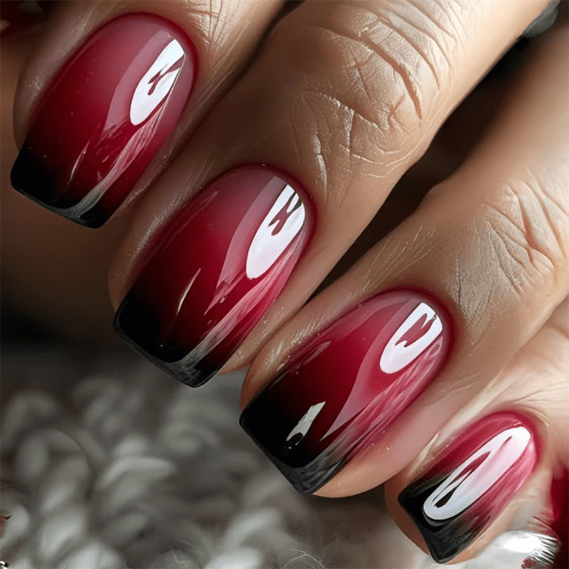 48Pcs-Glossy Medium Almond Red Black Gradient Press on Nails Daily Party Wear