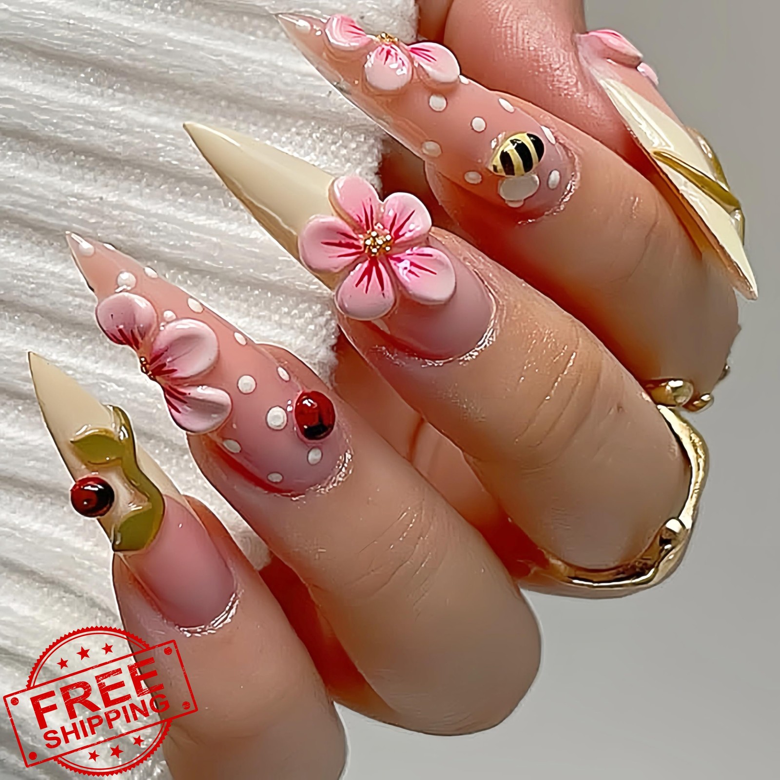 Tephrent Bee Ladybug 24pc Long Almond Nails