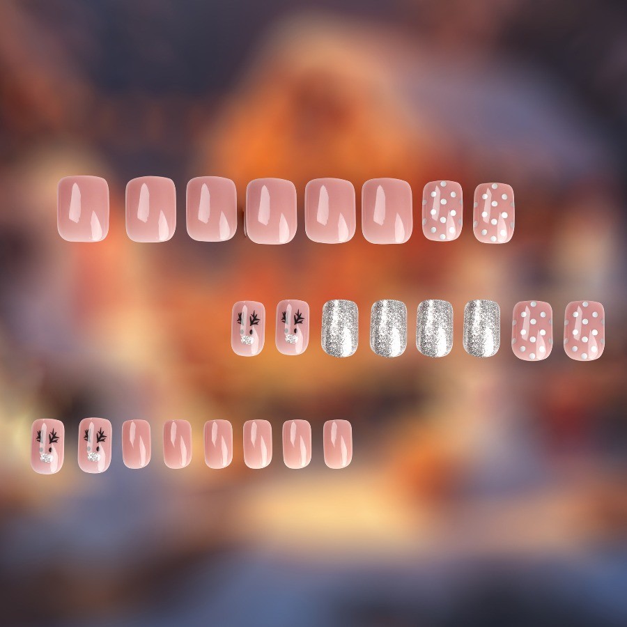 48pcs-Holiday Reindeer Press on Nail, Short Square Nude Pink with Silver Accents
