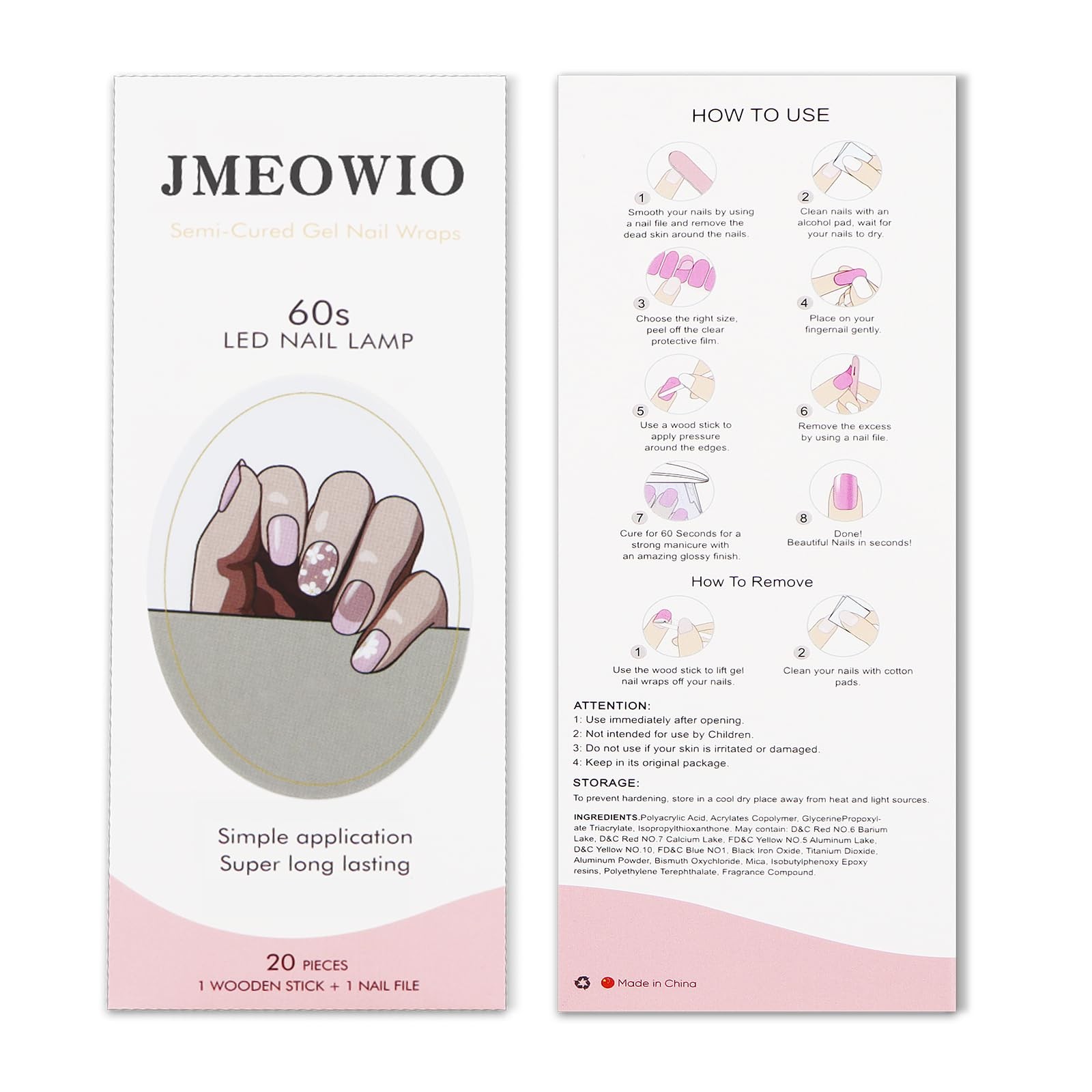 Gel Nail Stickers French Tip Pink White Flower Semi Cured Gel Nail Strips