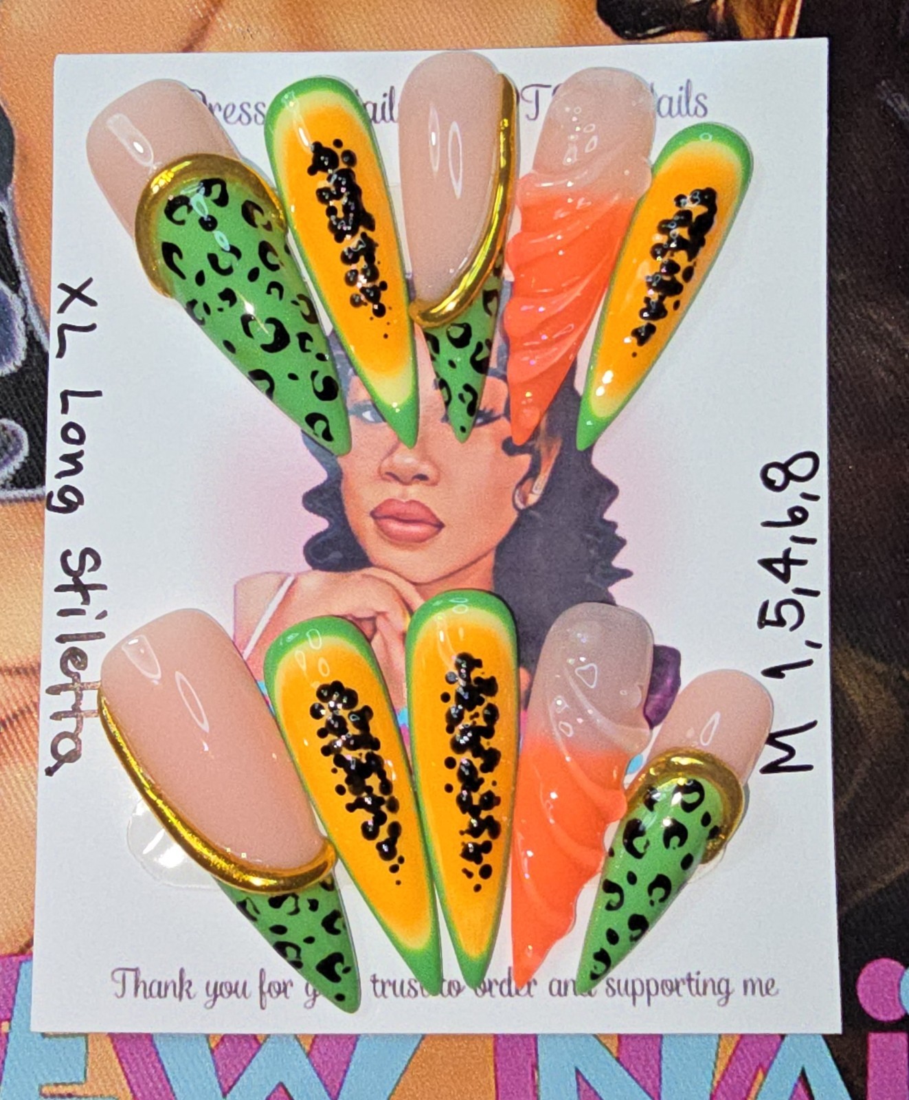 Handmade Gel Press On Nails, Summer Set Medium Size 1,5,4,6,8 XL Long Stiletto