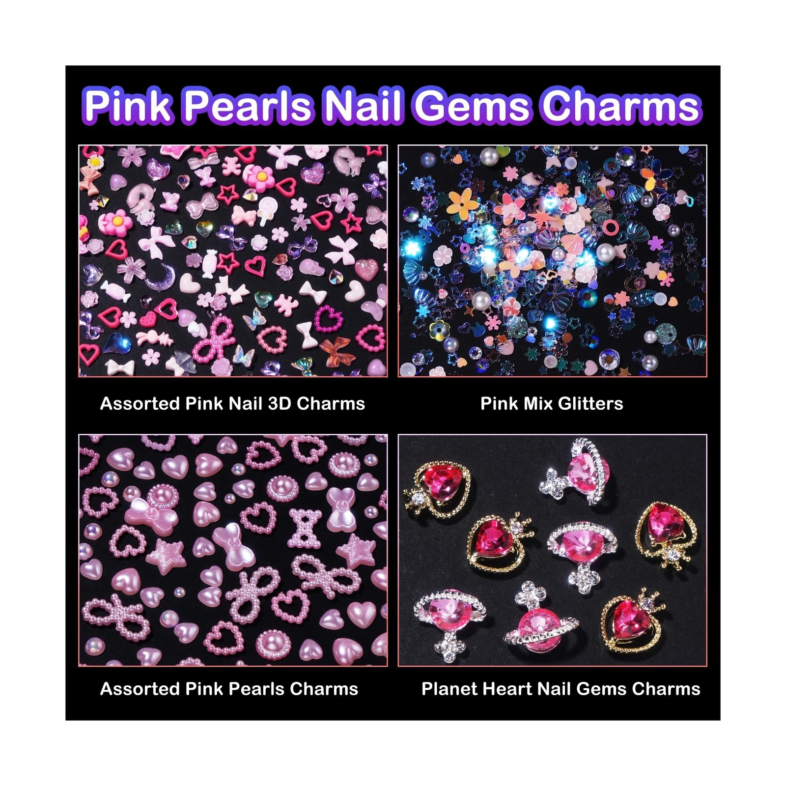 3D Pink Assorted Pearls Gems Nail Charms Heart Butterfly Bow Bear Nail Charms…