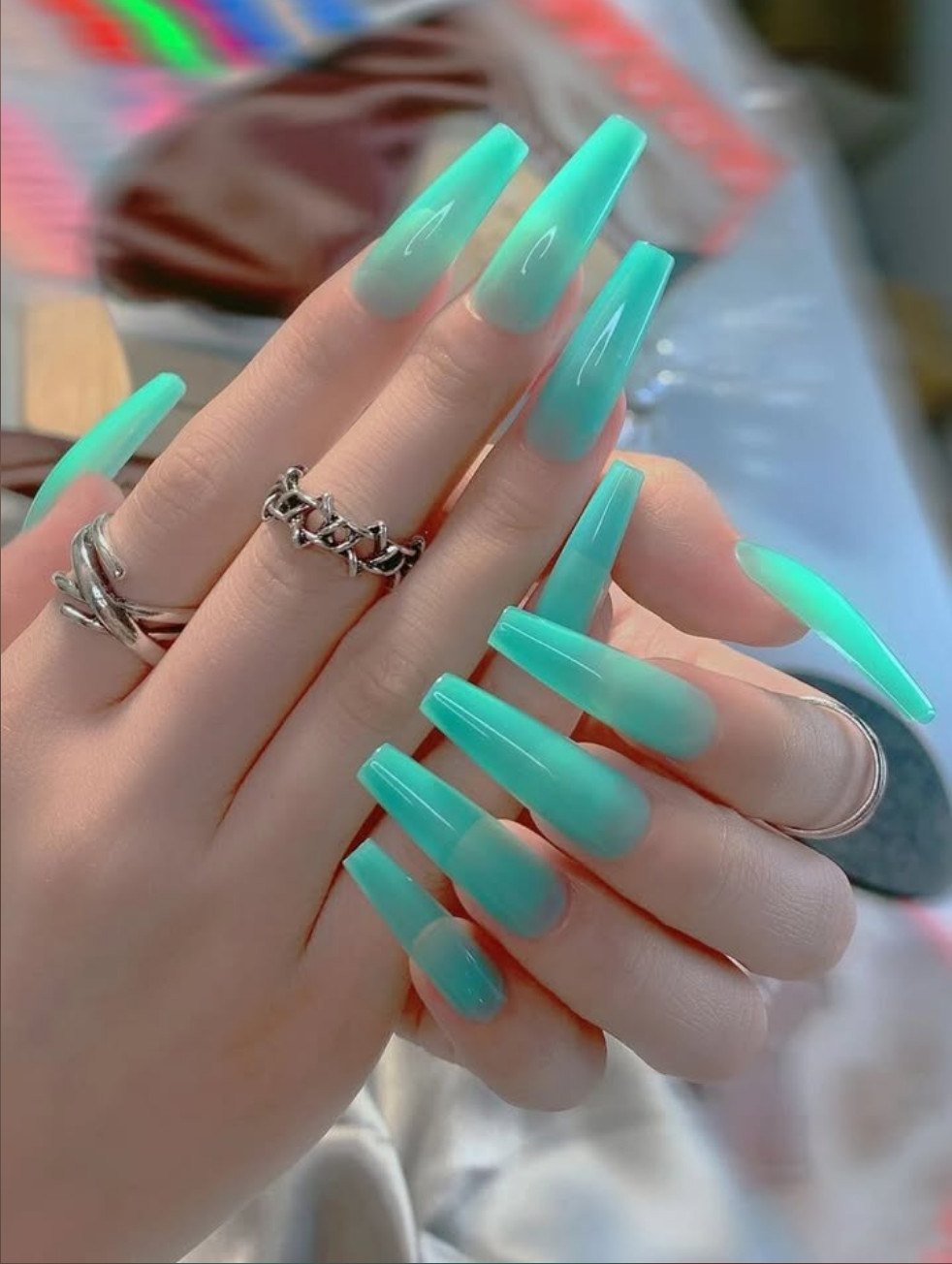 Teal Blue Glossy Press on Nails NEW Long kawaii princess Winter Spring Fashion