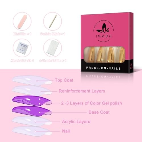 Metal Coffin Fake Nails Extra Long Gold Yellow Chrome Reflective False Press