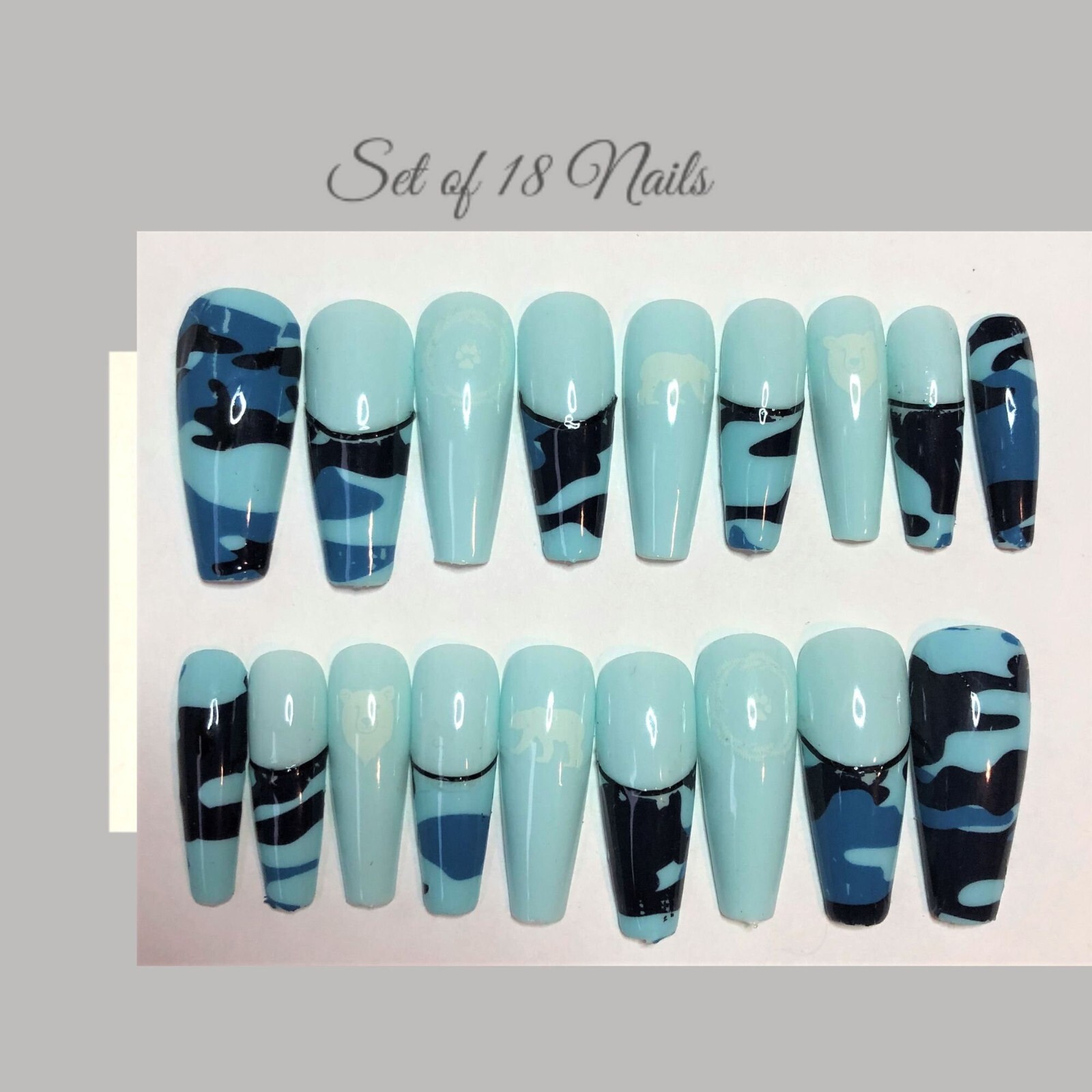 Blue Camo with Bear Press-On Nail Set – Ex-Long Ballerina (Size 0-8)