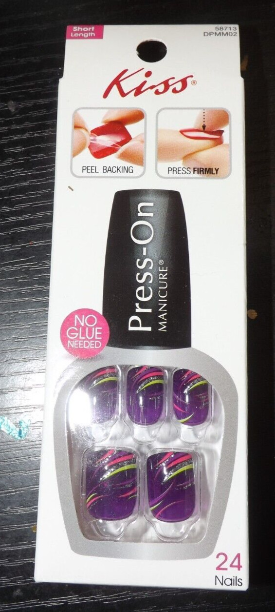 NEW KISS Press on Nails Purple green pink silver stripes no glue needed short