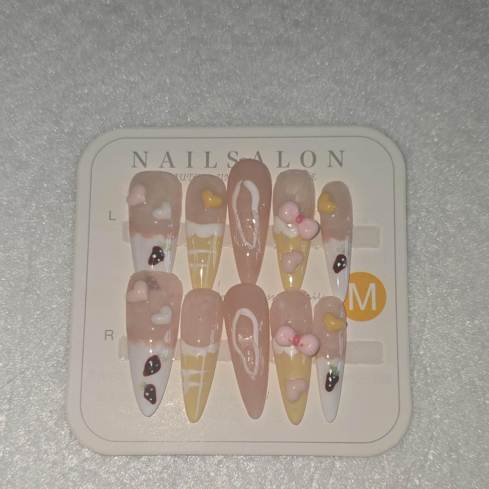 NAILSALON Medium Stiletto Pink Yellow 3D Ice Cream Full Cover Press-On Nails #22