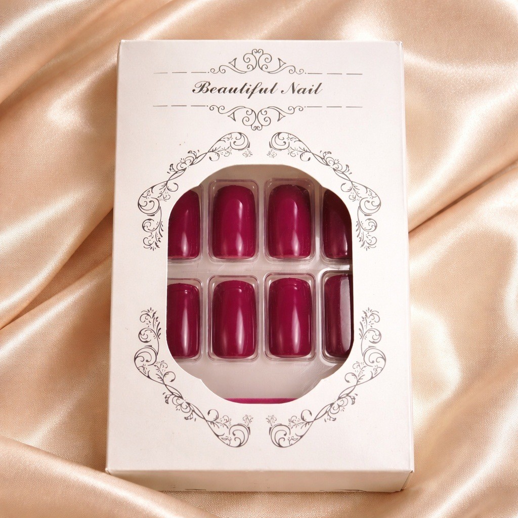 Burgundy Press On Nails Glossy Medium Coffin Reusable Fake Nail Set