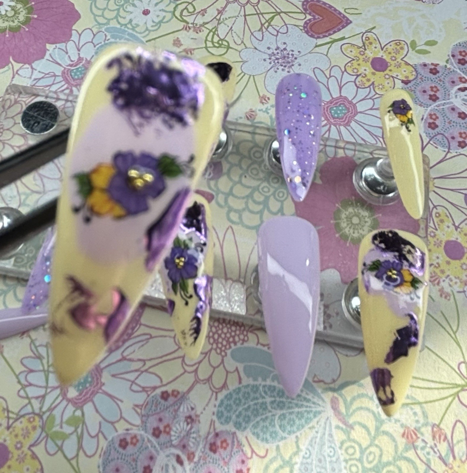 20 piece set handmade press on nails. Yellow purple floral med/short Stiletto