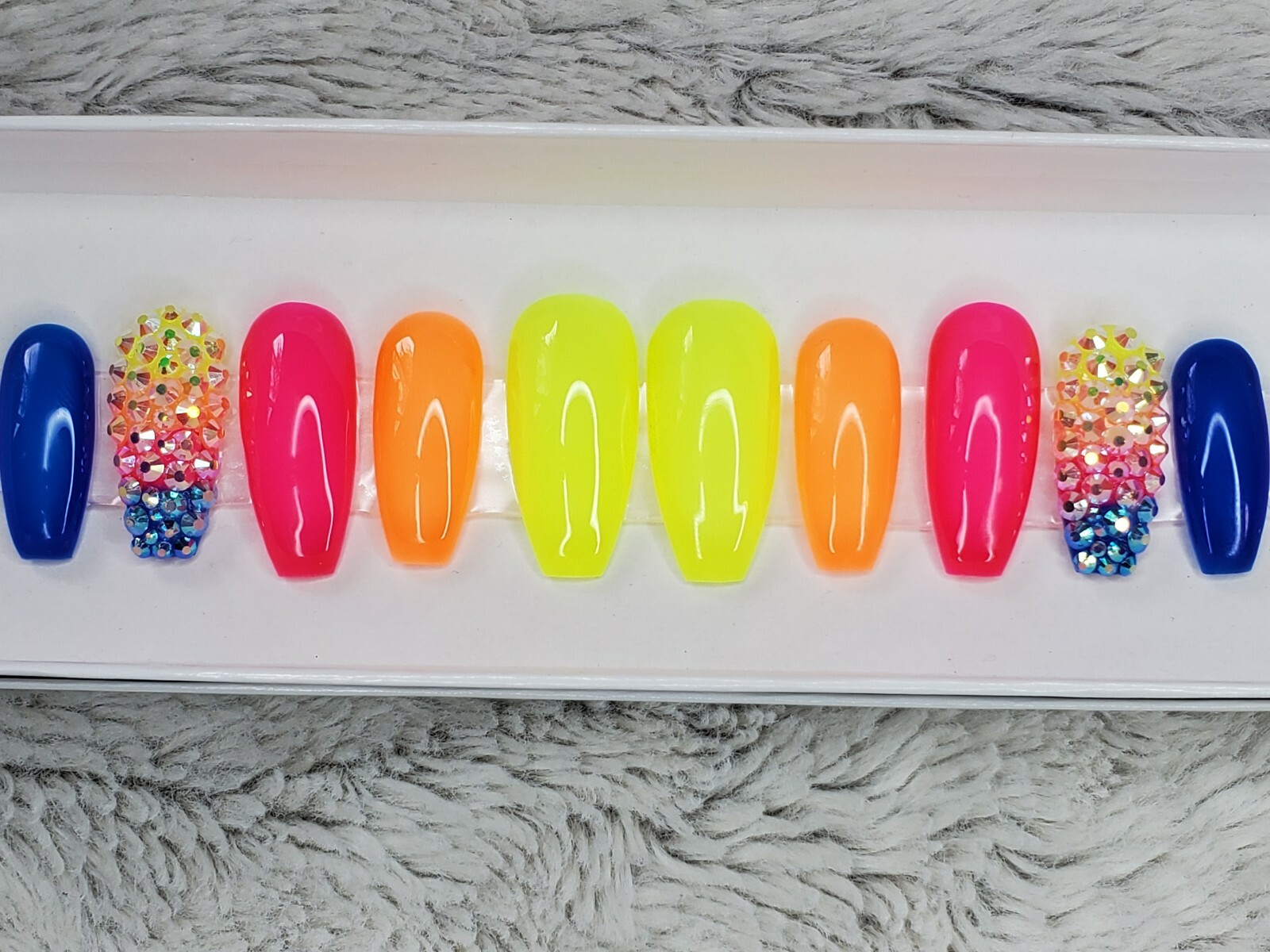 Neon Rainbow ombre bling nails w/ crystals Gel Press On jelly nails full set
