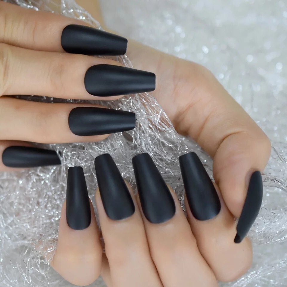 24 Matte Black Press on nails kit new glue goth edgy long coffin