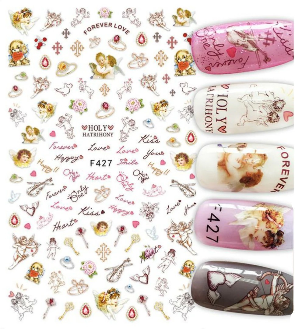 Nail Art 3D Decal Stickers little angel cupid flowers heart forever love F427