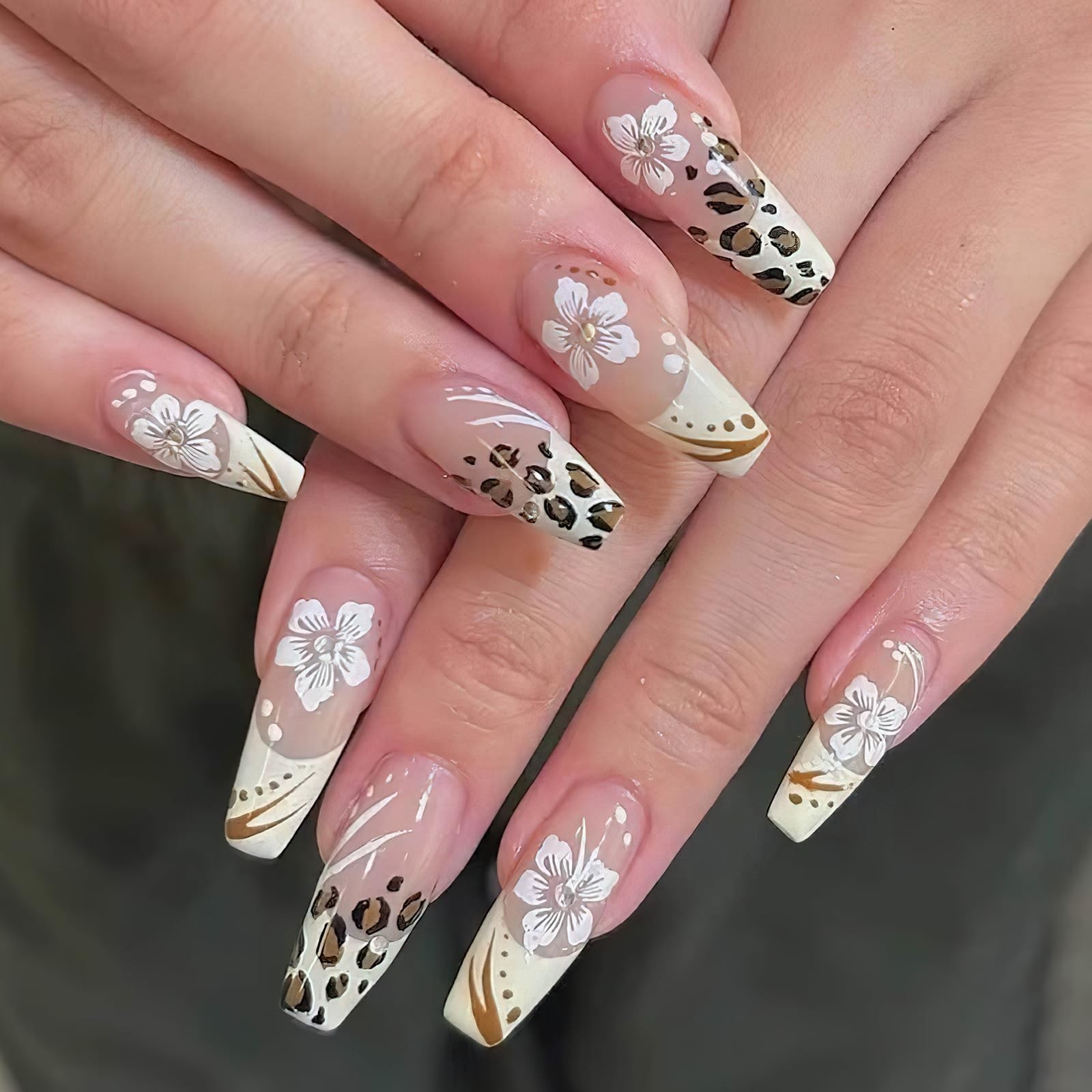 White French Tip Press on Nails Medium Square Fake Nails with Designs Brown L…