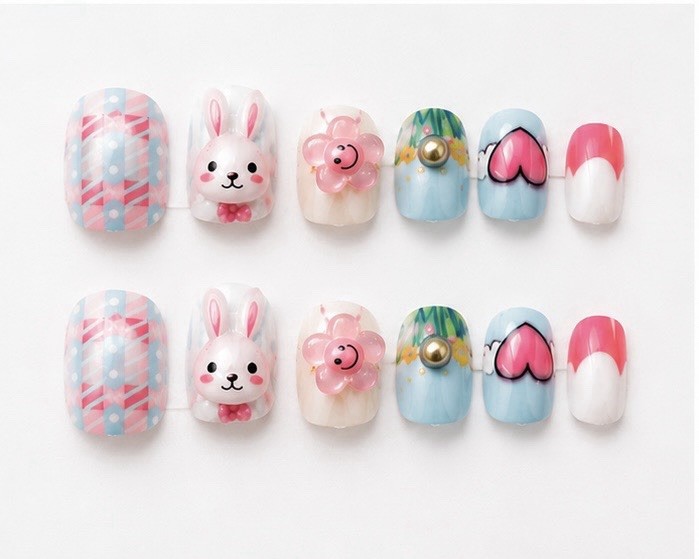 Kids 3D Bunny Press On Nails 12PCS with Adhesive Tabs Cute Fake Nails for Girls