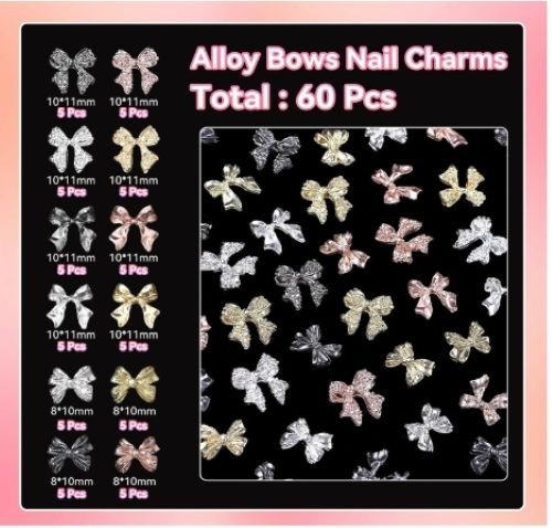 60pcs Bow Nail Charms 3D Metal Gems Gold Silver Black Nail Art Set