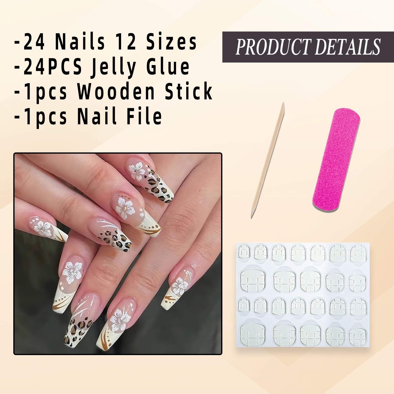 White French Tip Press on Nails Medium Square Fake Nails with Designs Brown L…