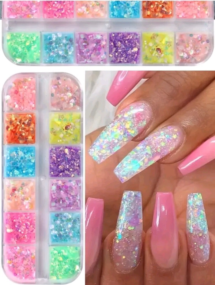FULL BEAUTY 12 Grids Hexagonal Nail Glitter Flakes, Hypoallergenic Sparkly