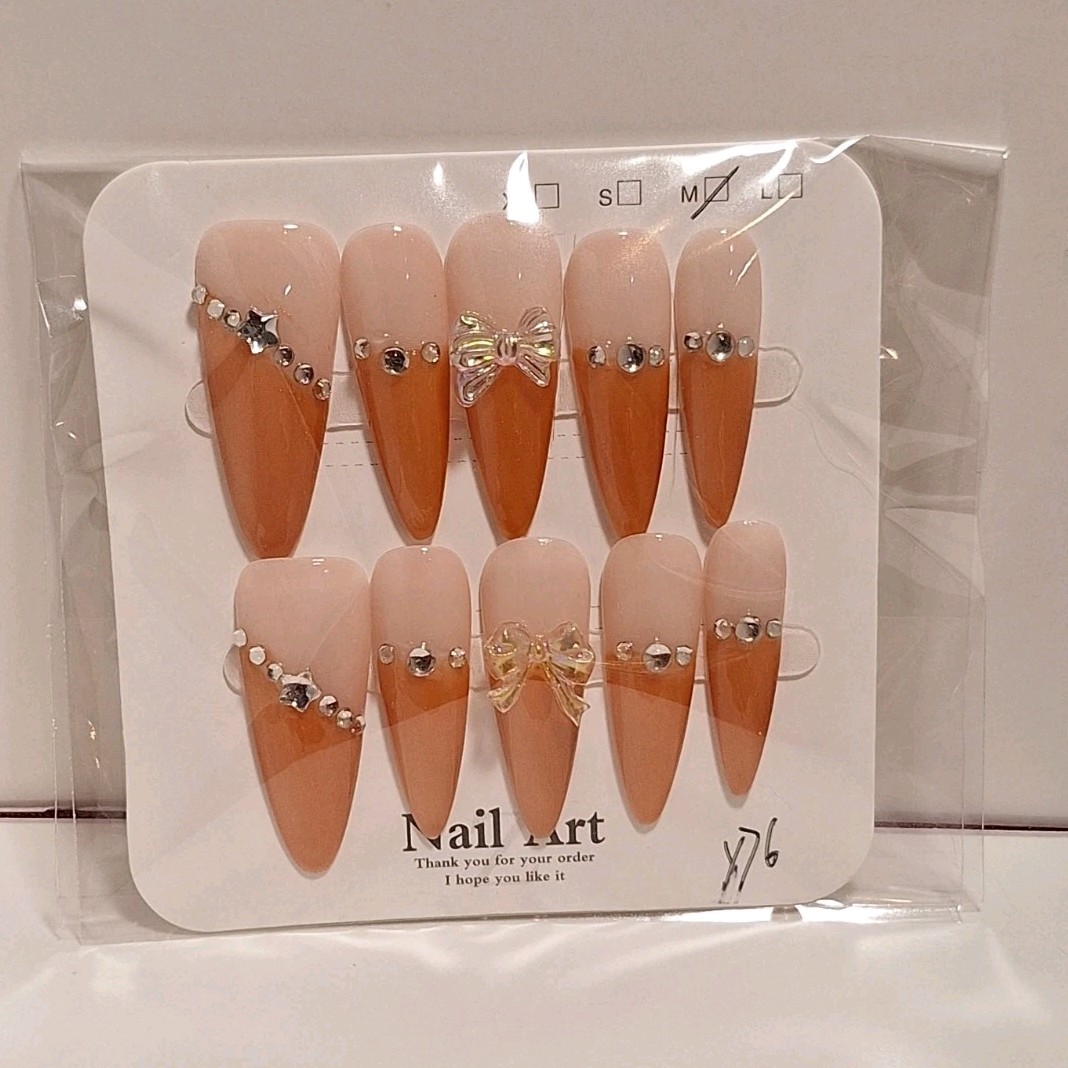 Medium Press-On Nails Peach Nude Stiletto 3D Shiny Bow Rhinestone Full Cover